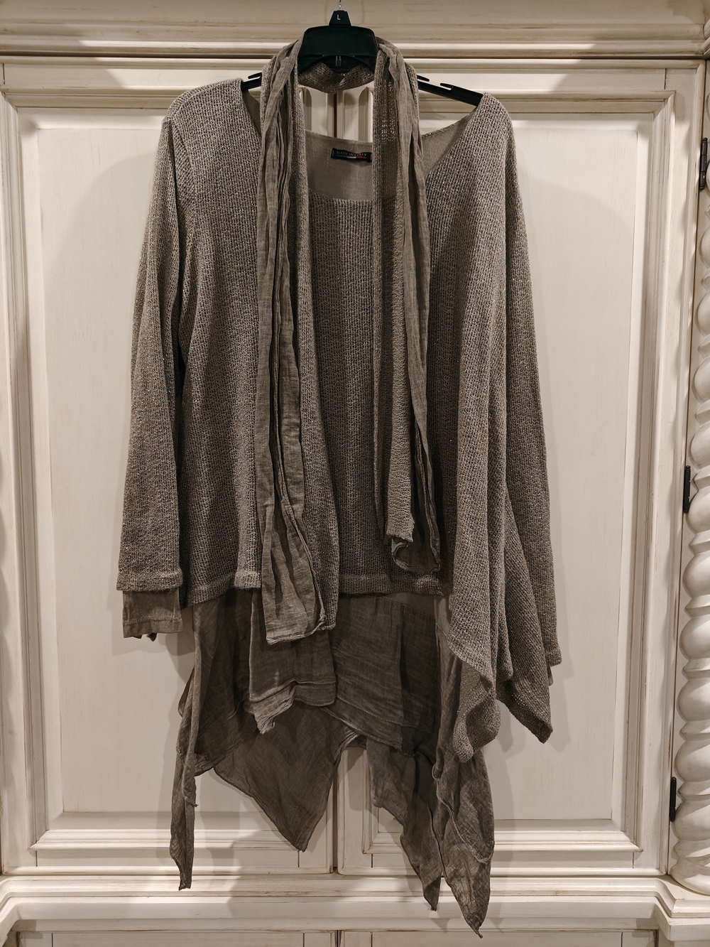 Moda Light Taupe Layered Knit Women’s Sweater Cardigan & Scarf